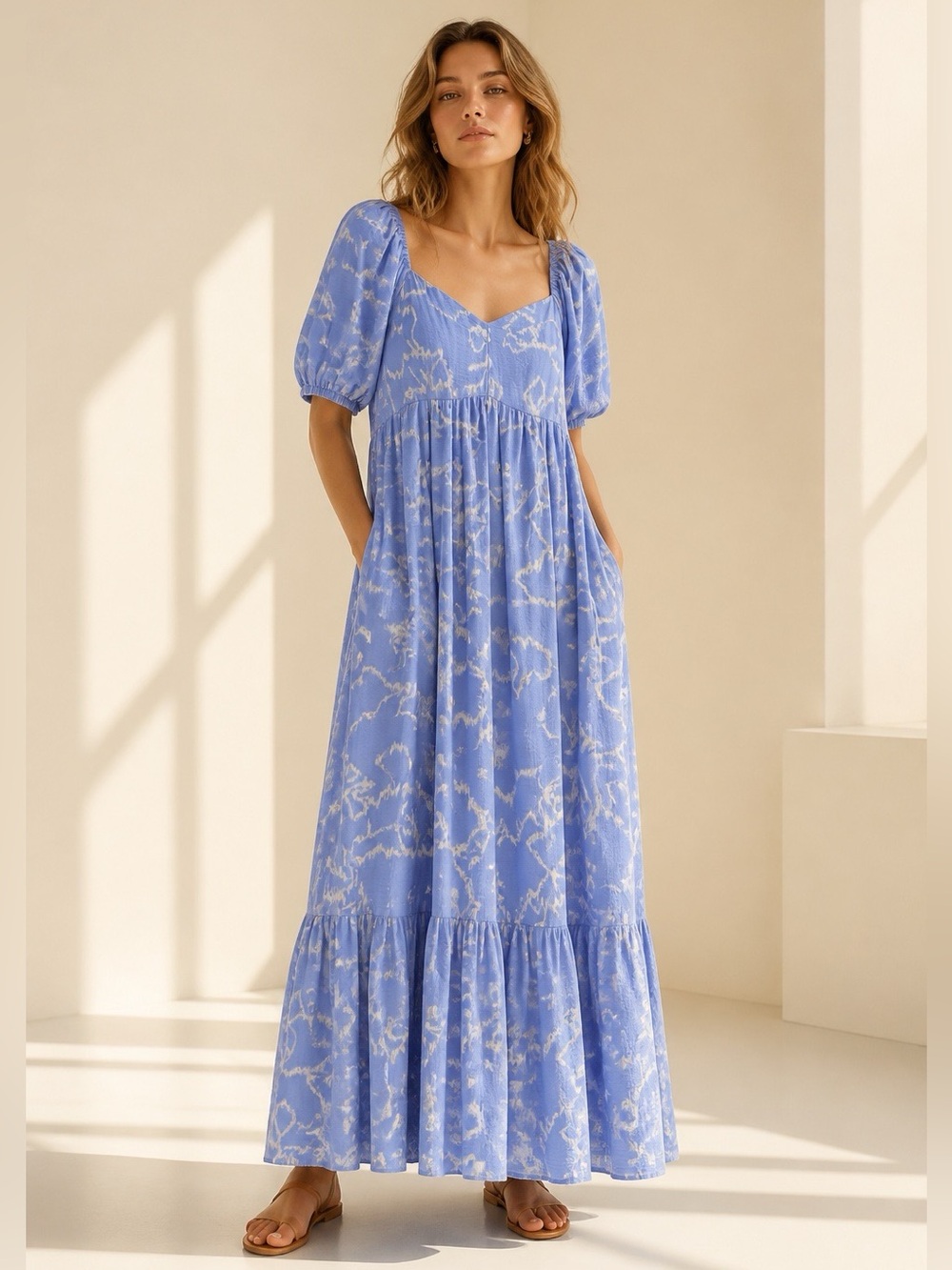 Nine West Light Blue Puff-Sleeve Floral Maxi Dress